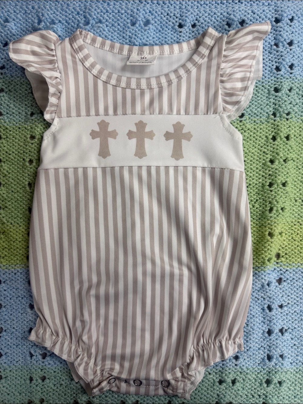 Striped Cross Bubble Romper in Taupe and White